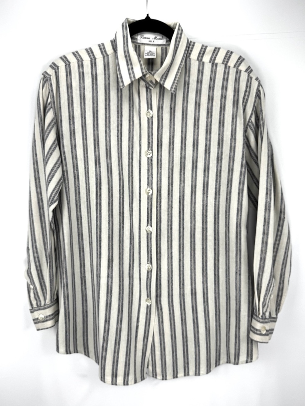 Classic Women's Striped Button-Up Silk Long Sleeve Shirt - Ivory & Gray